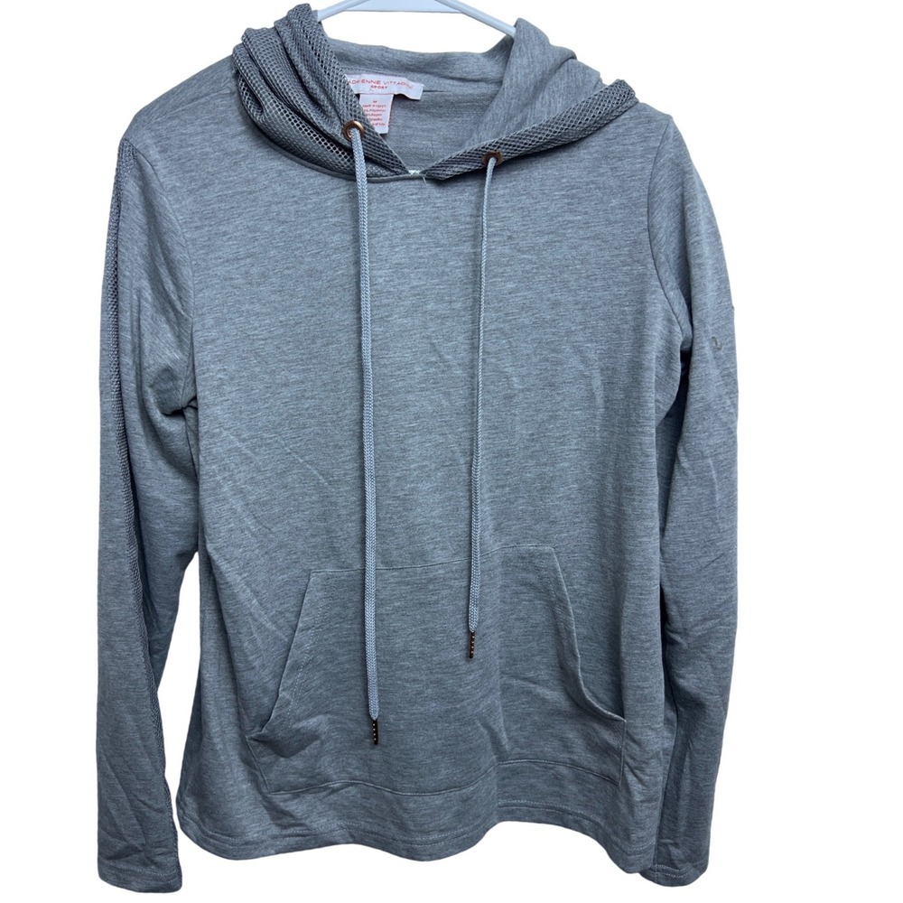 Adrienne Vittadini Sport Womens Gray Yoga Mesh Trim Pullover Hoodie M Activewear